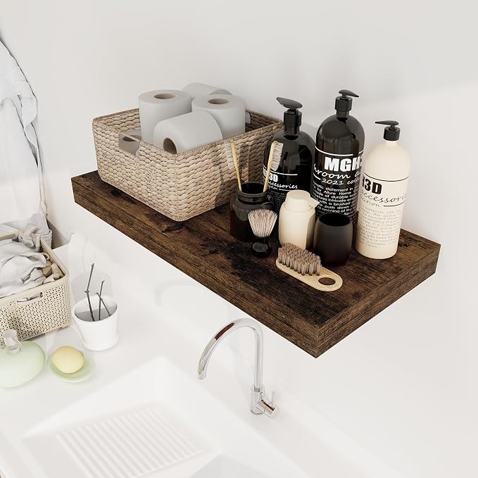 12 Inch Deep Floating Shelves, 24 x 12 Floating Shelf for Books, Rustic Wood Deep Wall Shelves for Home Storage & Display, 2" Thicked Shelves for Kitchen, Living Room, Bedroom, Rustic Brown, 2 Pack