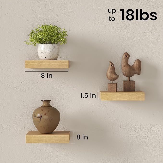 8" Long x 8" Deep Floating Shelves for Wall, Set of 3, 1.5" Thick, Oak | Rustic Wood Wall Shelves with Invisible Brackets, Storage and Display for Bathroom, Bedroom, Living Room or Kitchen