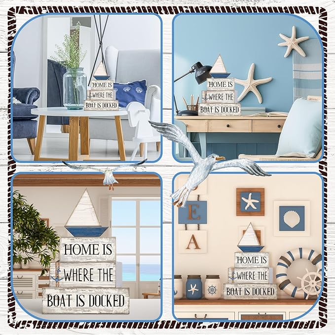 Conelist 4 Pcs Nautical Wooden Table Decor Farmhouse Sailboat Centerpieces Vintage Tiered Tray Decoration Home is Where The Boat is Docked Block Sign for Home Living Room Bedroom Office Decor