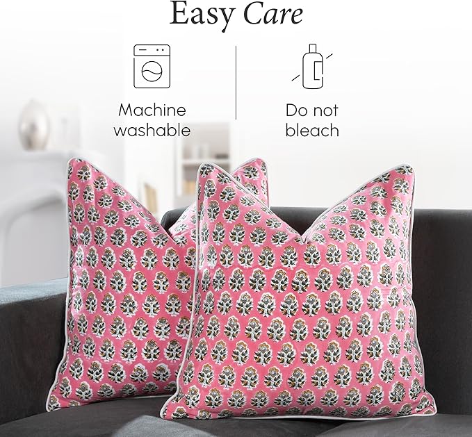 CPC 100% Cotton Throw Pillow Covers 18x18 Inch, Set of 2 Green Block Print Pattern Couch Pillow, Cute Boho Decorative Pillows for Living Room, Bedroom with Hidden Zipper- Poppy Pink