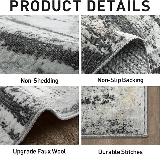 5x7 Area Rugs Washable Rug: Modern Abstract Living Room Rug Soft Anti-Skid Thin Carpet Indoor Floor Non-Shedding Carpets for Bedroom Dining Room Farmhouse Nursery Home Office Black Grey Gold
