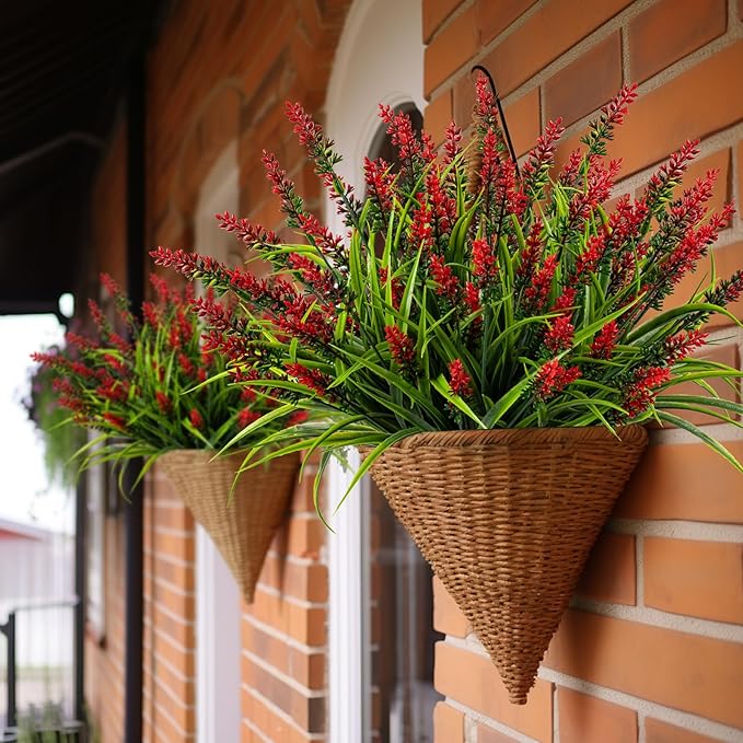 Nigirior Artificial Flowers for Outdoor Plants 24 Bundles Fake Lavender Plastic Faux Monkey Grass for Verandah Window Garden Office Patio Front Porch UV Resistant for Planter(Red)