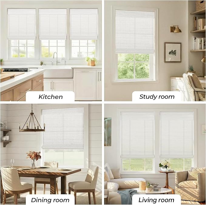 UNISHADES No Drill Cordless Bamboo Roman Shades, 28×64 in, Off White | Natural material, Light Filtering, Easy Install