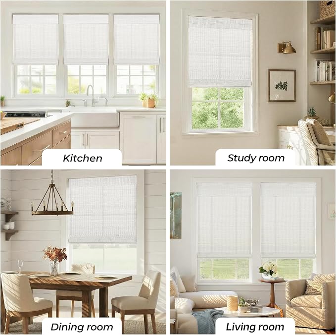 UNISHADES No Drill Cordless Bamboo Roman Shades, 34×64 in, Off White | Natural material, Light Filtering, Easy Install