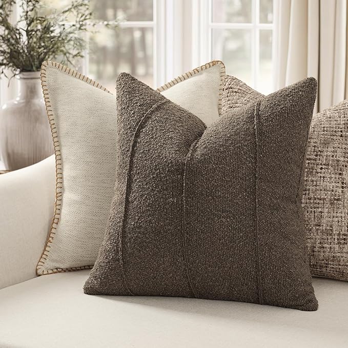 YCOLL Textured Boucle Throw Pillow Covers 24x24 Pack of 2 - Soft Neutral Striped Cushion Covers, Cozy Accent Decorative Pillow Covers for Couch, Sofa, Bed, Living Room (Brown)
