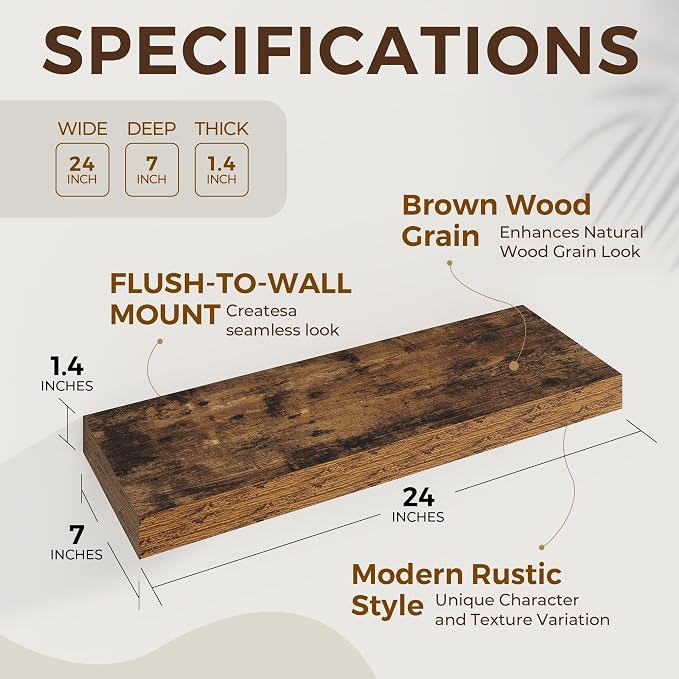 Dreamland 24Inch Floating Shelves for Wall 6.7" Deep Rustic Brown Set of 2 | Wall shelves for bathroom, bedroom, kitchen, deep wall mount wood storage display for home decor 24" x 6.7"