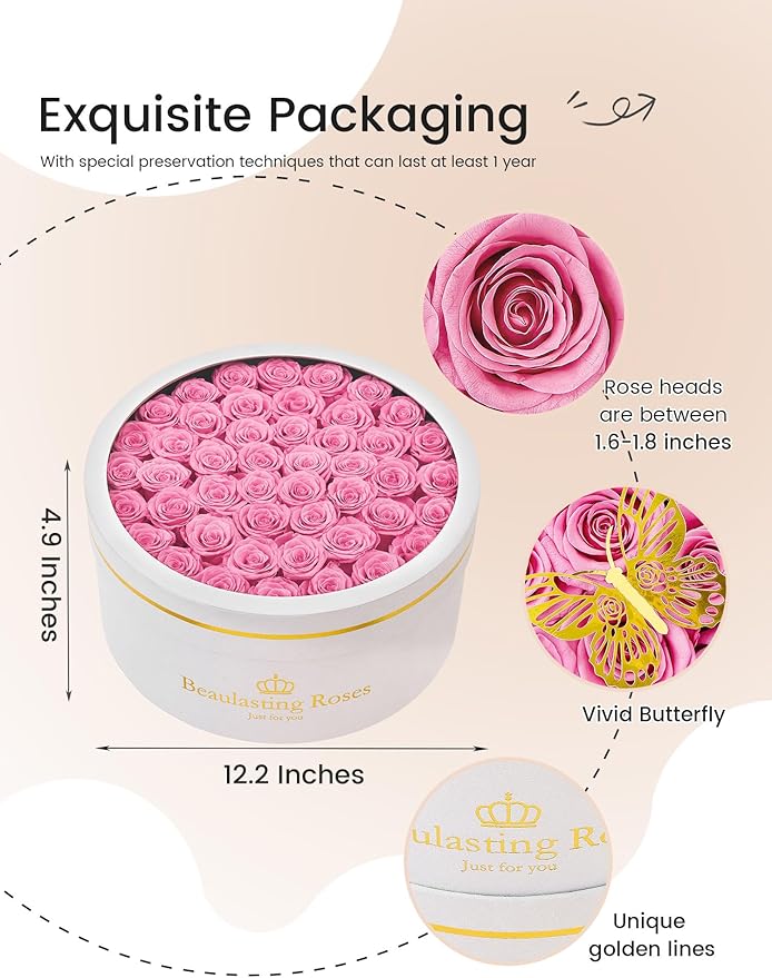 47 Preserved Roses Forever Flowers Real Roses in a Box Mother's Day Birthday Flowers for Her Mom Women Wife Valentine's Day, Pink Roses