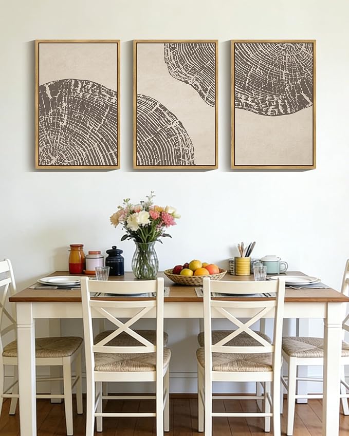 PHOPAGO Farmhouse Vintage Framed Wall Art Large 16x24in Set Gray Wood Tree Ring Spirals Nature Abstract Drawings Rustic Modern Art Decor for Living Room Bedroom - Natural Framed
