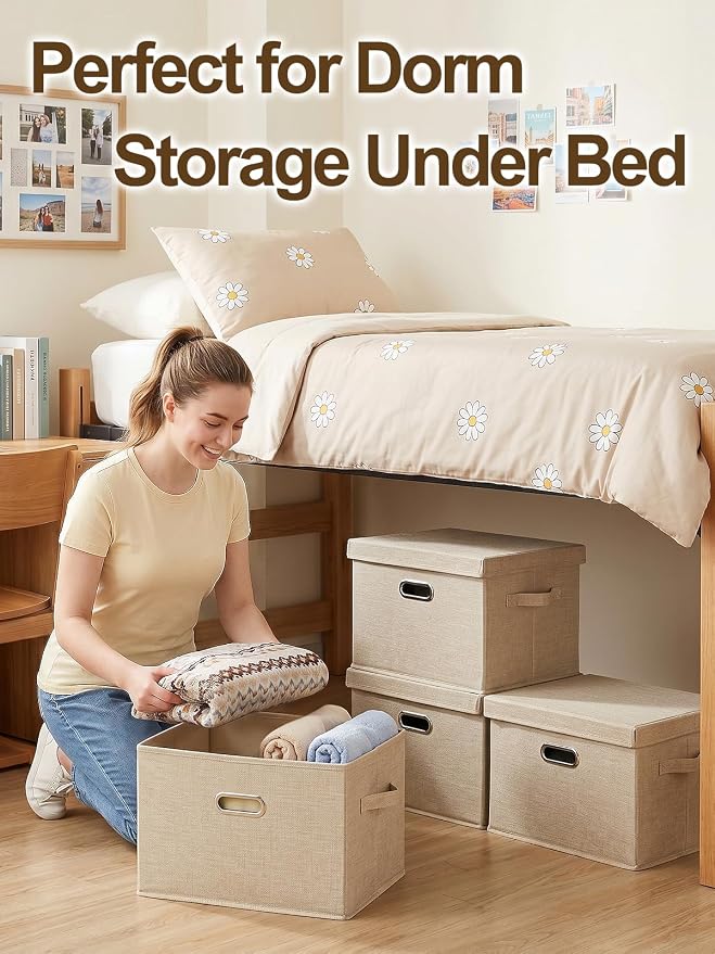 MADHOLLY 4 Pack Stackable Sturdy Dorm Room Storage Bins with Lids - 27qt Easy to Assemble Collapsible Fabric Cube Storage Boxes with Handles, Under Bed/Closet Organizers, Beige