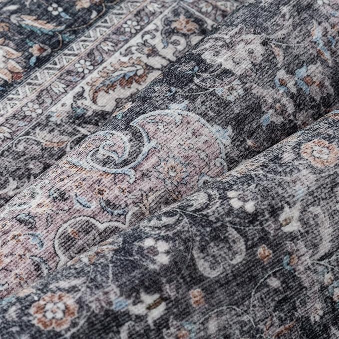 9x12 Washable Area Rug Black Grey Vintage Non Slip Soft Medium Pile Rug for Living Room Bedroom Dining Room Office Distressed Oriental Indoor Large Throw Carpet for Home Decor