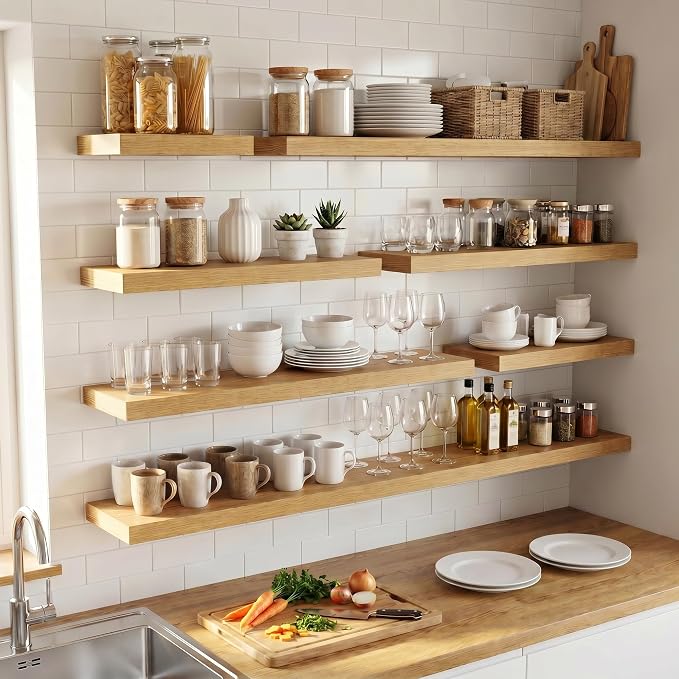 Venusmiles Floating Shelves for Wall, 36 Inch Floating Shelves Set of 2, 6.5" D Wooden Wall Mounted Display Shelves with Invisible Brackets for Living Room, Bedroom, Bathroom, Kitchen Decor, Oak