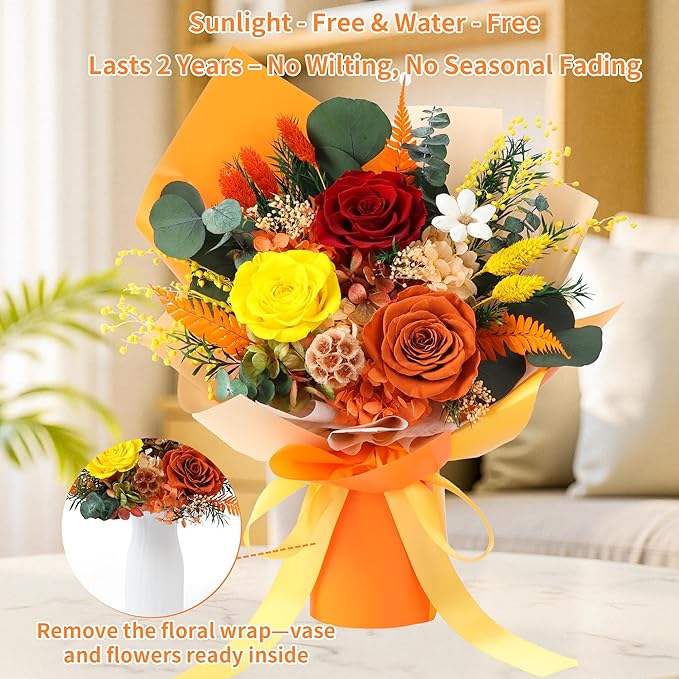 Preserved Flowers Bouquet, Real Eternal Flowers, Gifts For Women, Birthday Gifts For Mom Friends Her Girlfriend Sister, Valentine (orange)