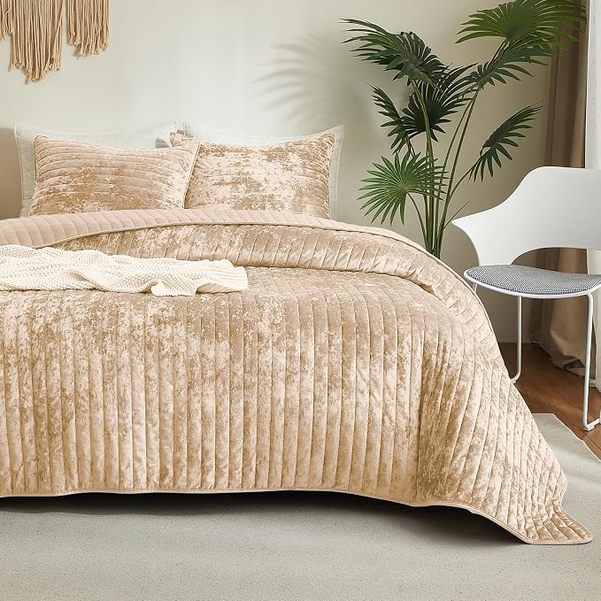 Luxury Soft Velvet Quilt Set Queen Size - Lightweight Velvet Bedding Set for All Season, Oversized Bedspread Coverlet Comforter Set with 2 Pillow Shams, Beige Brown, Striped