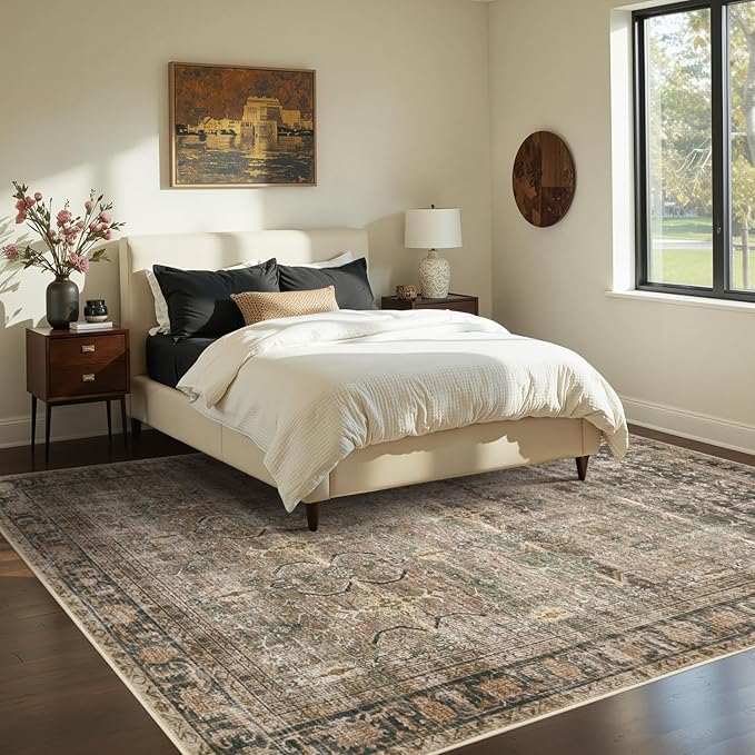 Rugxara Brown 5x7 Area Rugs for Living Room Bedroom, Large Washable Rug, Vintage Retro Boho Rug, Non Slip & Low Pile Faux Wool Thin Carpet for Indoor Dining Room and Kids Room(Charcoal/Olive 5x7ft)