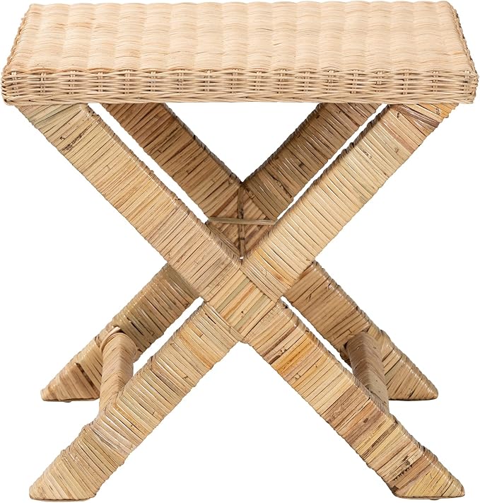 Bali & pari Farica Modern Bohemian Natural Rattan and Mahogany Accent Bench