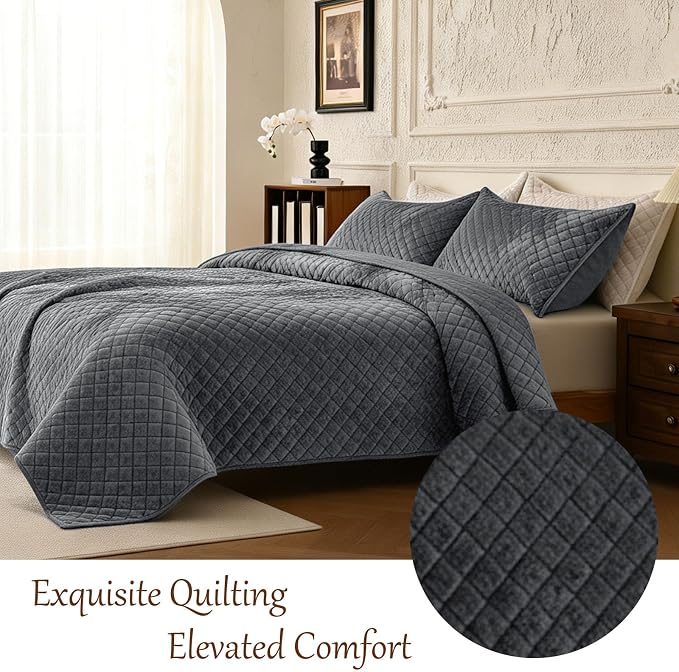 3-Piece Velvet Quilt Set California King Size 106"x118" Bed Blanket Quilted Bedspread Soft Luxury Bedding with 2 Pillow Shams 20''x36'' for All-Season,Gray