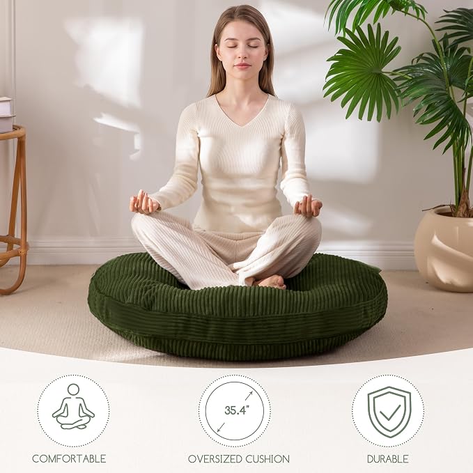 HIGOGOGO 35" Floor Pillow Cushion for Adults, Meditation Cushion Pillow, Extra Large Square Floor Sitting, Tufted Corduroy Cover for Tatami Living Room or Yoga, Dark Green