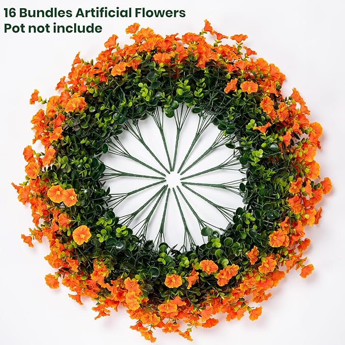 Nigirior Artificial Faux Flowers for Outdoor 16 Bundles Boxwood Fake Morning Glory for Planter,UV Resistant Fake Flowers for Home Porch Patio Outside（Orange）