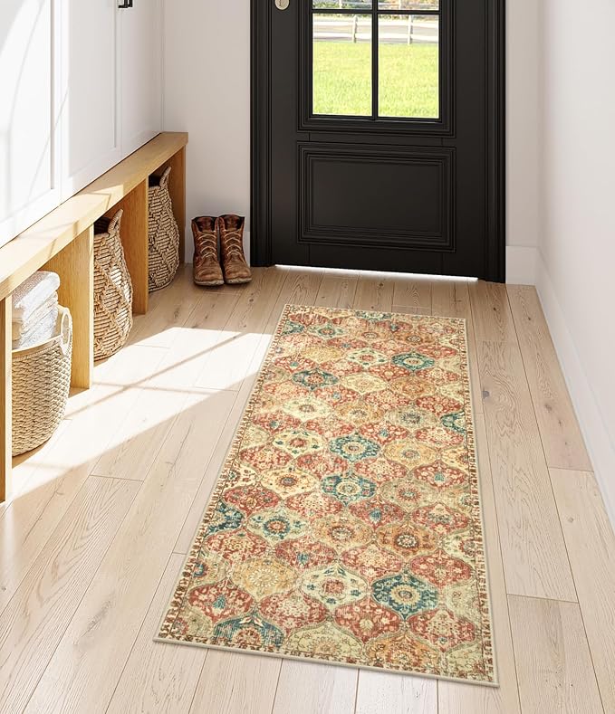 Lahome Moroccan Trellis Hallway Rug, 2x5 Washable Runner Rug Non Slip Kitchen Runners for Hallways, Ultra-Thin Vintage Carpet for Bedroom Bathroom Entryway Elise, Red/Orange