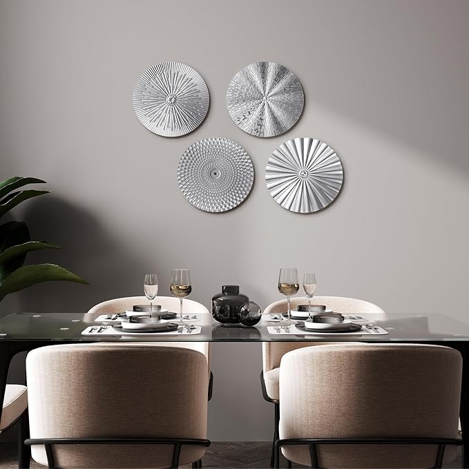 Hicarer 4 Pcs 12 Inch Metal Wall Art Decor Sunburst Hanging Metal Artwork Decor Wall Art Decorations for Home Living Room Office Gift for Christmas(Silver)