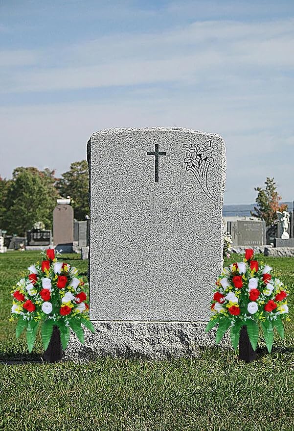 LVXINLI Artificial Cemetery Flowers, Gravesite Decoration Roses, Memorial Bouquets with Cemetery Vase, Vibrant and Long-Lasting Colors (Red + White, 2 Bundles)