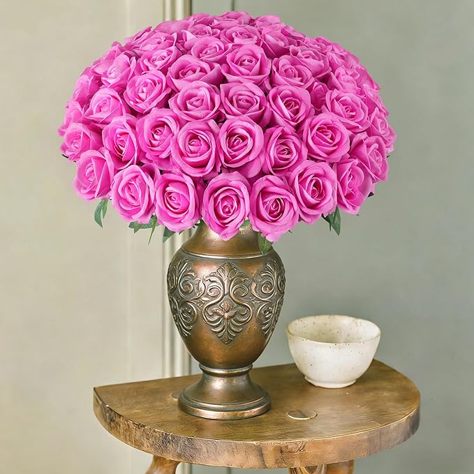 HyeFlora 50 PCS Roses Artificial Flowers, Fake Roses with Stem Realistic Hot Pink Silk Rose for DIY Wedding Bouquets Table Centerpieces Arrangements Baby Shower Birthday Home Decor for Her