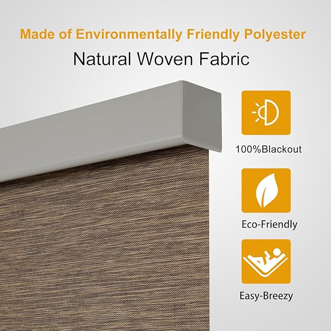 Persilux Free-Stop Cordless 100% Blackout Roller Shades for Indoor Windows, Natural Woven Fabric UV Protection Privacy Thermal Insulated Roller Window Shades for Home, Bedroom, Brown 35" W x 72" H