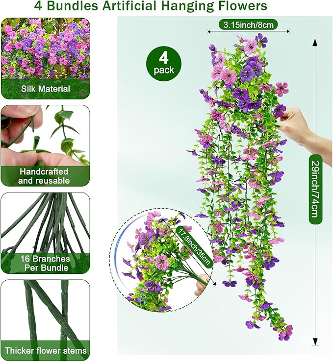 Fanfantoey 4Pcs Artificial Flowers for Outdoors, Realistic Fake Hanging Flowers Plants, UV Resistant Fake Flowers, Faux Silk Daisy Flower Vines for Planter Outside Decor(Double Purple)