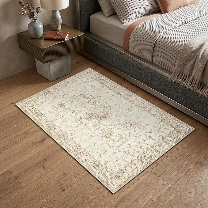 GarveeHome Vintage Beige Small Rug 2x3 Door Mat Indoor Cottage Core Retro Farmhouse Low-Pile Stain Resistant Non-Slip Washable Rugs for Entryway Bathroom Bedroom Kitchen TPE Backing