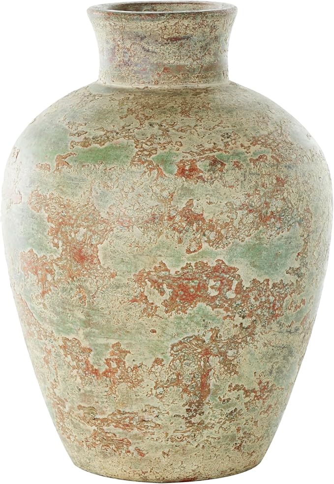 Deco 79 Ceramic Decorative Vase Antique Style Textured Centerpiece Vase with Green and Copper Accents, Flower Vase for Home Decoration 10" x 10" x 14", Brown