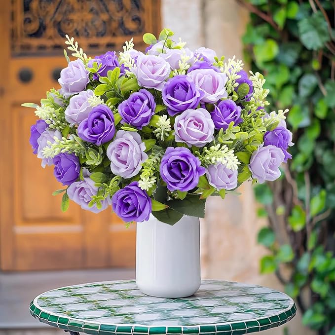 TURNMEON 40 Heads Fake Roses Artificial Flowers for Outdoors, 4 Bouquets UV Resistant Fake Flower Bouquet Faux Silk Roses for Wedding Birthday Party Home Mother's Day Cemetery Summer Decor(Purple)
