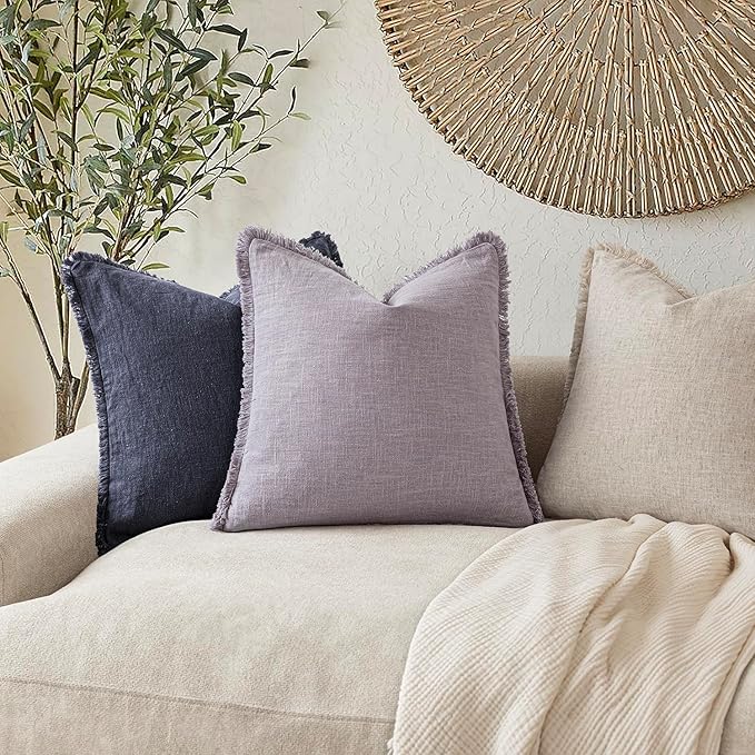 Foindtower Set of 2 Decorative Linen Fringe Throw Pillow Covers Cozy Boho Farmhouse Cushion Cover with Tassels Soft Accent Pillowcase for Couch Sofa Bed Living Room Home Decor,18×18 Inch,Light Purple