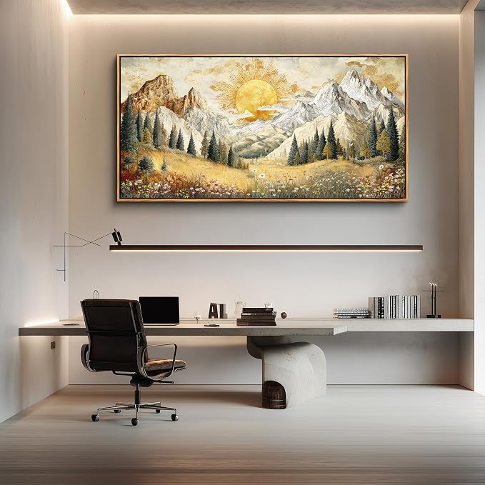 XIGUANGART Mountain Wall Art,Framed Large Canavs Wall Art,Wildflower Forest Art,Modern Farmhouse Decor,Living Room Pictures Paintings,Sunrise Abstract Art,Landscape Bedroom Office Decorations 30x60