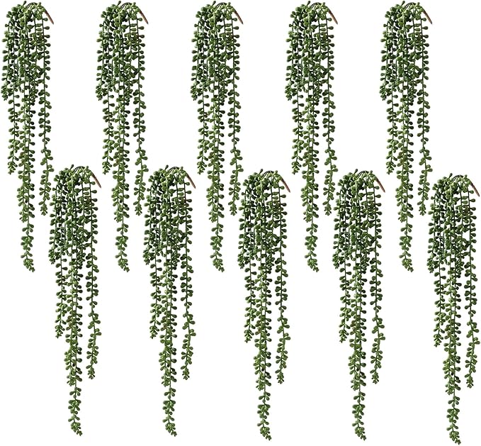 dallisten 10 Pcs Artificial Succulents Hanging Plants, Fake String of Pearls Greenery Plants, Decoration for Wall Home Backdrop Garden Windows Balcony Indoor and Outdoor (10PCS Green)