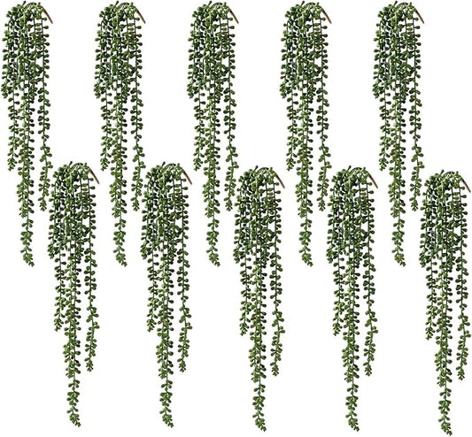 dallisten 10 Pcs Artificial Succulents Hanging Plants, Fake String of Pearls Greenery Plants, Decoration for Wall Home Backdrop Garden Windows Balcony Indoor and Outdoor (10PCS Green)