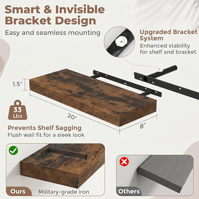 20 Inch Floating Shelves for Wall, 8"D Wood Storage Shelves, Brown Finish | Engineered Wood, Invisible Bracket, Large Storage, Easy Install, Hold Up to 33lbs, Living Room, Bathroom, Bedroom, Kitchen