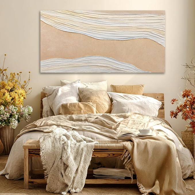 Dolidoteart Beige White Canvas Wall Art, Hand Painted Abstract Oil Painting, Large Neutral Textured Wall Decor for Living Room Bedroom, Horizontal 24x48 Inch