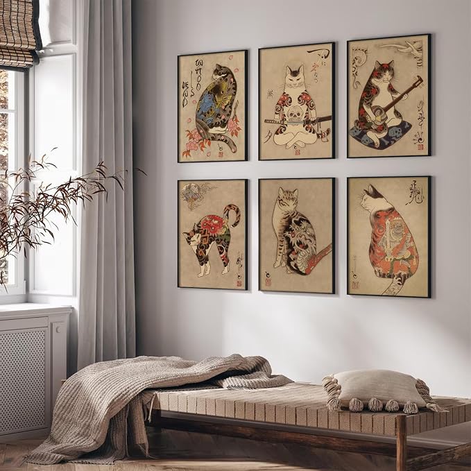 Japanese Cat Wall Art Samurai Cat Canvas Poster Anime Wall Decor Asian Prints Japan Painting Japanese Home Poster Tattoo Fantasy Artwork Funny Pictures for Living Room Bedroom 8x10x6 Inch Unframed