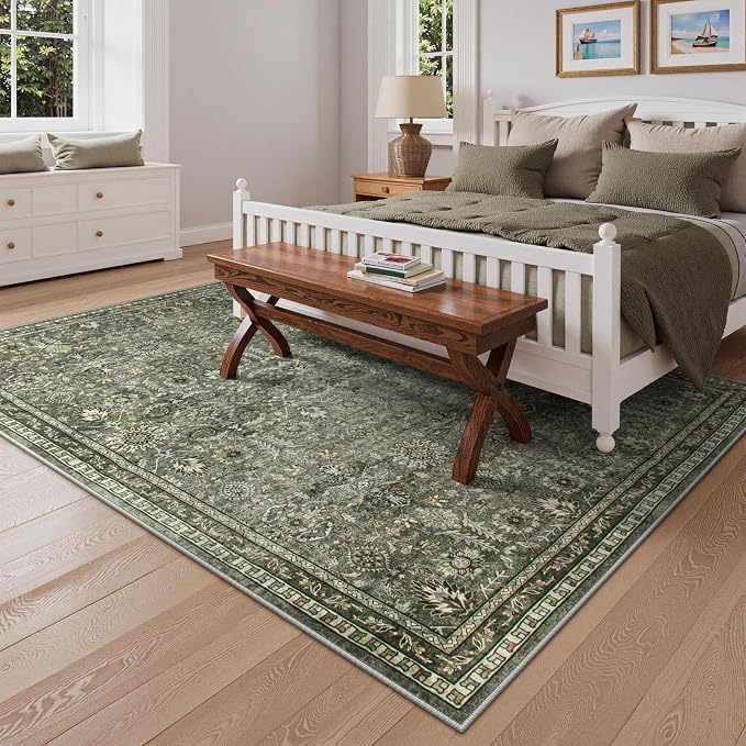 Lahome 5x7 Boho Bedroom Area Rug,Soft Vintage Washable Rugs for Living Room,Non Shedding Disdressed Floor Carpets for Home Decor Dining Room,Dark Olive Green | Disdressed Soft Non Shedding Floor Carpets for Dining Room