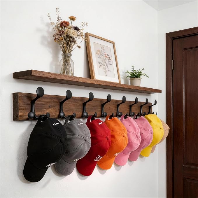 WEBI Coat Rack Wall Mount,43" Solid Wood Coat Hooks Wall Mounted Coat Hanger,16" Hole to Hole,Heavy Duty Hook Rack,8 Triple Hooks for Hanging Coats,Jacket,Hat,Backpack,Farmhouse,Brown,2 Packs