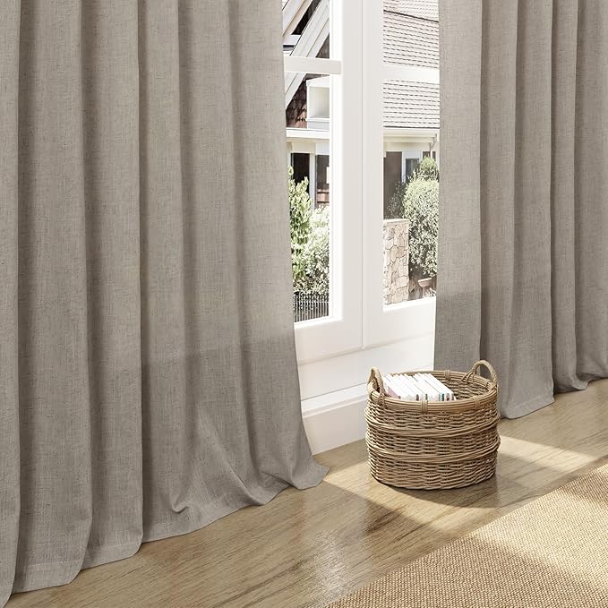 Nanspring Grey Beige Linen Curtains for Living Room 72 Inches Long Luxury Light Filtering Semi Sheer Curtain Back Tab Simple Modern Neutral Elegant Boho Gray Drapes for Bedroom 52x72, 2 Panels