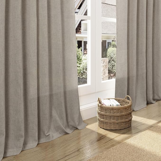 Nanspring Grey Beige Linen Curtains 84 Inches Long for Living Room Light Filtering Semi Sheer Curtain Back Tab Simple Modern Elegant Neutral Luxury Boho Gray Drapes for Bedroom 52x84, 2 Panels