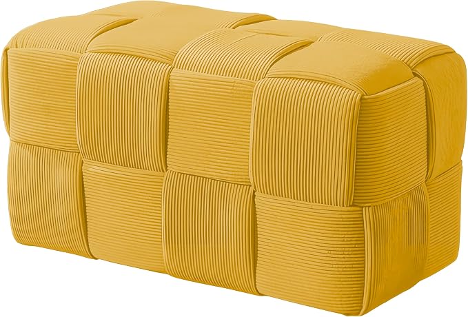Cmishe 28" Rectangular Woven Corduroy Ottoman Footrest - Large Modern Entryway Bench & Bed End Stool, Sturdy Wood Frame, No Assembly (Yellow-L)