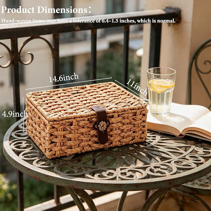 Water Hyacinth Wicker Storage Box with Lid （Large） | Hand woven decorative storage basket for shelf coffee table console home decor
