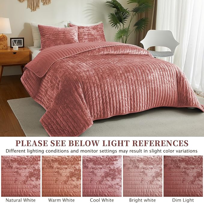 Luxury Soft Velvet Quilt Set Queen Size - Lightweight Velvet Bedding Set for All Season, Oversized Bedspread Coverlet Comforter Set with 2 Pillow Shams, Pink, Striped
