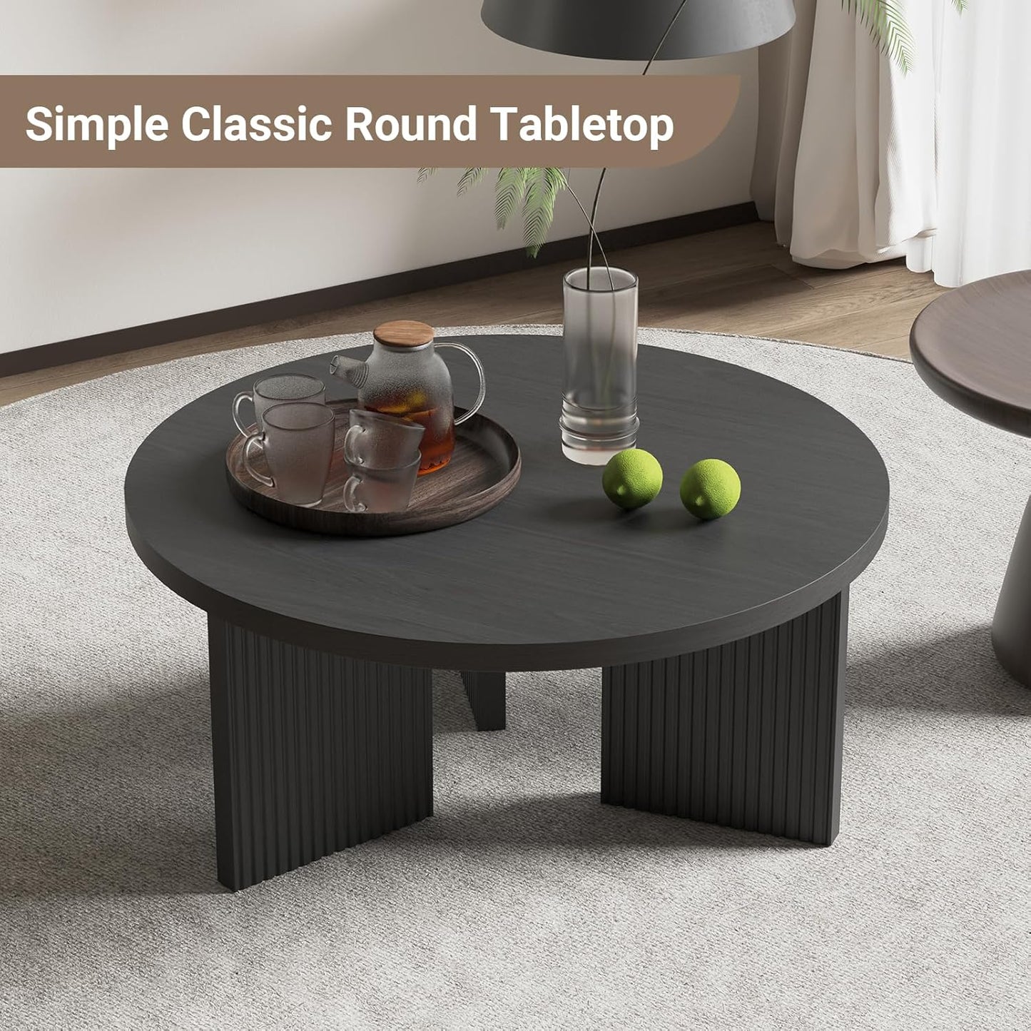 Wooden Round Coffee Table, 35" Coffee Table with Smooth Thick Mesa, Low Circle Center Table with X Shaped Stable Legs, Accent Tea Table for Living Room, Office, Black