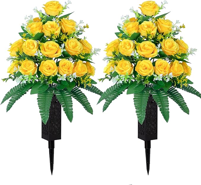 DONODA 2 Sets of Artificial Cemetery Flowers， Outdoor Grave Decorations Roses