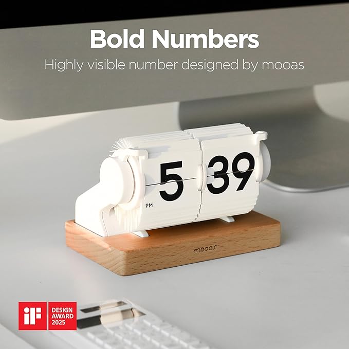 mooas Automatic Mini Flip Clock, Retro Vintage Automatic Flip Desk Clock, Timer Calendar Alarm, Snooze, Desk Clock Large Number USB-C Rechargeable, Ideal for Home Office School Hotel Café (Black)