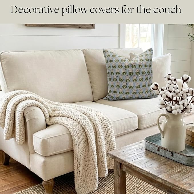 Linen Throw Pillow Covers 20x20 inch Floral Pillows Stripe Spring Decorative Pillow Covers for Living Room, Bedroom