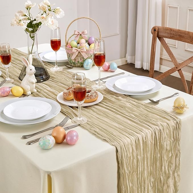 Beige Mother’s Day Cheesecloth Table Runner 10FT Long Easter Spring Boho Gauze Table Runner Rustic Sheer Runner for Spring Wedding Bridal Baby Shower Birthday Party Table Decor Home Easter Decor